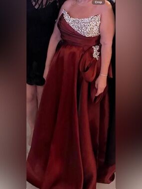 Women's Burgundy Satin Strapless Evening Gown with Crystal Embellished Bodice
